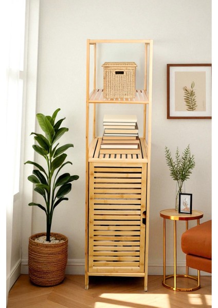 Bambu Tek Kapaklı 3 Raflı Çok Amaçlı Banyo Düzenleyici Organizer Dik Dolap DB-0037