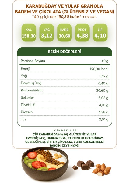 Badem ve Çikolatalı Yulaf & Karabuğday Granola 300 g (Glütensiz & Vegan) indirimleri