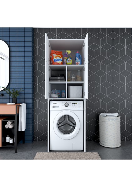 KD114 Çamaşır Makinesi Dolabı 4 Kapaklı 5 Raflı Banyo Dolabı Beyaz modelleri
