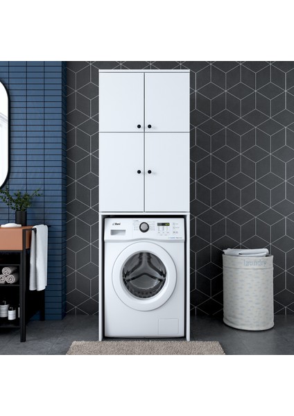 KD114 Çamaşır Makinesi Dolabı 4 Kapaklı 5 Raflı Banyo Dolabı Beyaz fırsatları