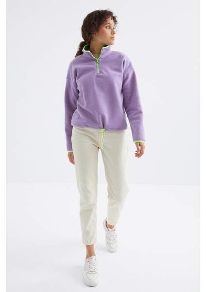 Açık Eflatun Yarım Fermuar Etek Ucu Büzgülü Dik Yaka Oversize Kadın Polar Sweatshirt - 97234