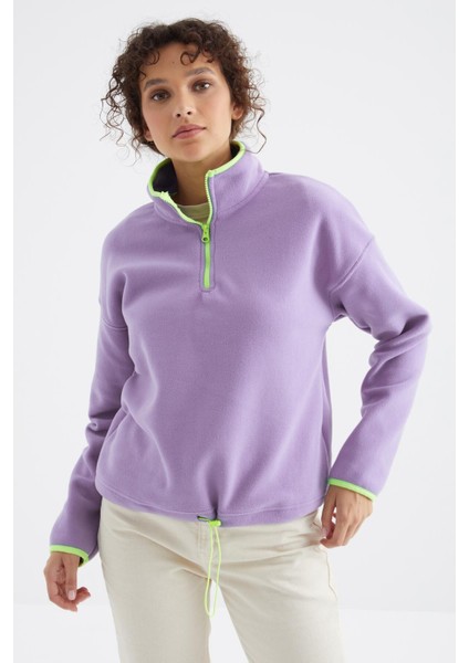 Açık Eflatun Yarım Fermuar Etek Ucu Büzgülü Dik Yaka Oversize Kadın Polar Sweatshirt - 97234