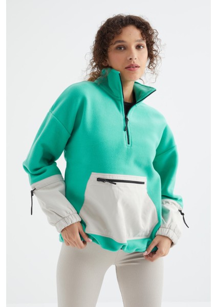 Deniz Yeşili Etek Ucu Büzgülü Yarım Fermuarlı Oversize Kadın Polar Sweatshirt - 97238
