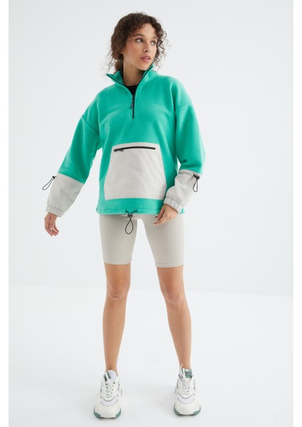 Deniz Yeşili Etek Ucu Büzgülü Yarım Fermuarlı Oversize Kadın Polar Sweatshirt - 97238