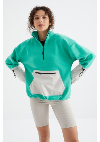 Deniz Yeşili Etek Ucu Büzgülü Yarım Fermuarlı Oversize Kadın Polar Sweatshirt - 97238