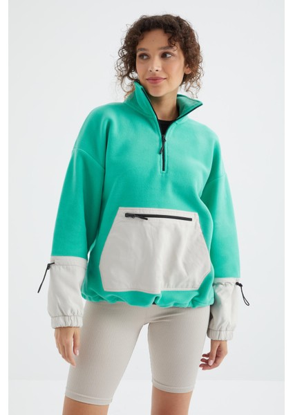 Deniz Yeşili Etek Ucu Büzgülü Yarım Fermuarlı Oversize Kadın Polar Sweatshirt - 97238