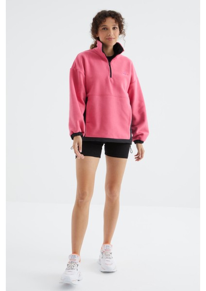 Şeker Pembe Yarım Fermuar Etek Ucu Büzgülü Dik Yaka Oversize Kadın Polar Sweatshirt - 97236