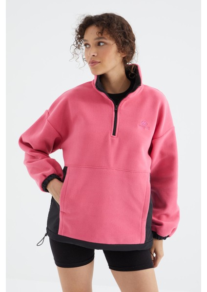 Şeker Pembe Yarım Fermuar Etek Ucu Büzgülü Dik Yaka Oversize Kadın Polar Sweatshirt - 97236
