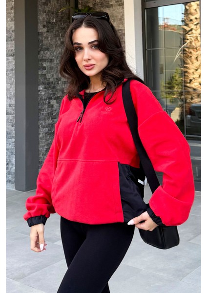 Fiesta Yarım Fermuar Etek Ucu Büzgülü Dik Yaka Oversize Kadın Polar Sweatshirt - 97236