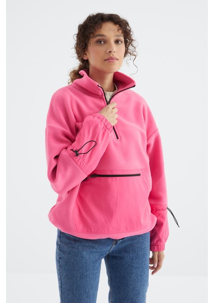 Şeker Pembe Etek Ucu Büzgülü Yarım Fermuarlı Oversize Kadın Polar Sweatshirt - 97238