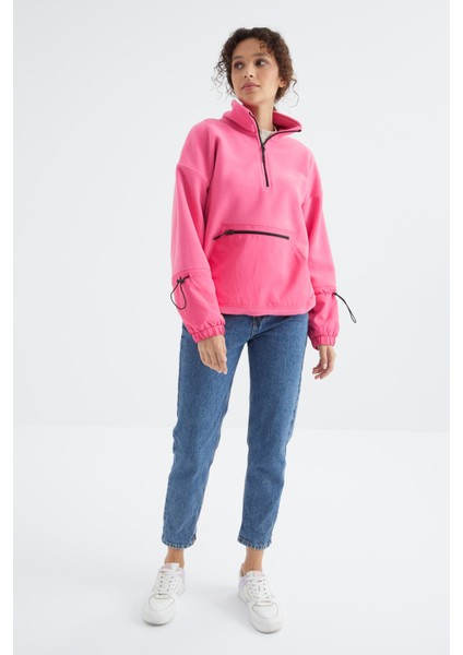 Şeker Pembe Etek Ucu Büzgülü Yarım Fermuarlı Oversize Kadın Polar Sweatshirt - 97238