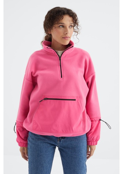 Şeker Pembe Etek Ucu Büzgülü Yarım Fermuarlı Oversize Kadın Polar Sweatshirt - 97238