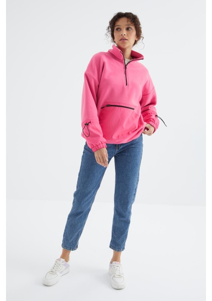 Şeker Pembe Etek Ucu Büzgülü Yarım Fermuarlı Oversize Kadın Polar Sweatshirt - 97238