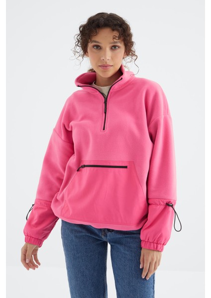 Şeker Pembe Etek Ucu Büzgülü Yarım Fermuarlı Oversize Kadın Polar Sweatshirt - 97238