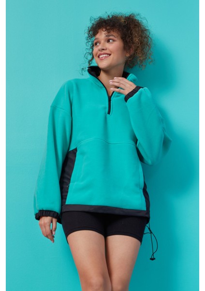 Deniz Yeşili Yarım Fermuar Etek Ucu Büzgülü Dik Yaka Oversize Kadın Polar Sweatshirt - 97236