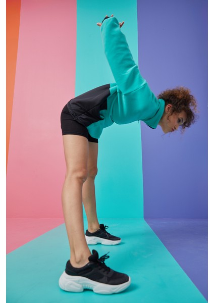 Deniz Yeşili Yarım Fermuar Etek Ucu Büzgülü Dik Yaka Oversize Kadın Polar Sweatshirt - 97236