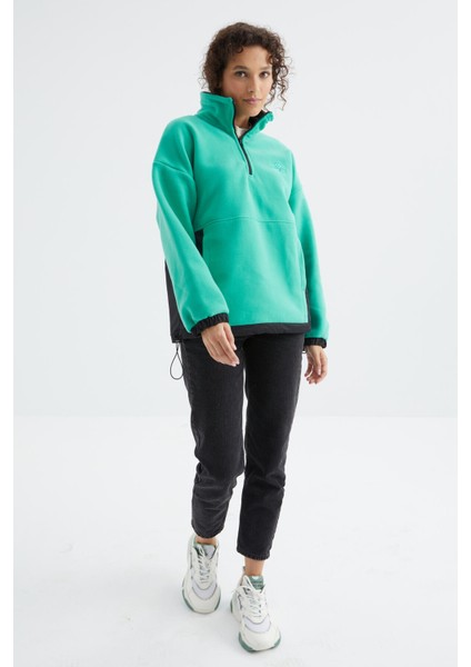 Deniz Yeşili Yarım Fermuar Etek Ucu Büzgülü Dik Yaka Oversize Kadın Polar Sweatshirt - 97236