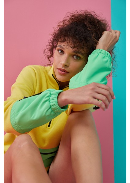 Limon Etek Ucu Büzgülü Yarım Fermuarlı Oversize Kadın Polar Sweatshirt - 97238