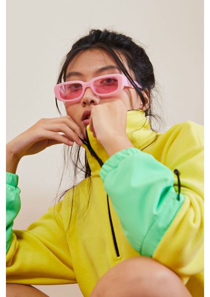 Limon Etek Ucu Büzgülü Yarım Fermuarlı Oversize Kadın Polar Sweatshirt - 97238