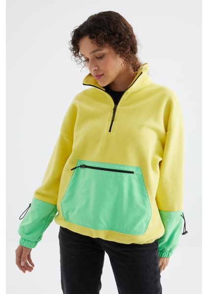 Limon Etek Ucu Büzgülü Yarım Fermuarlı Oversize Kadın Polar Sweatshirt - 97238