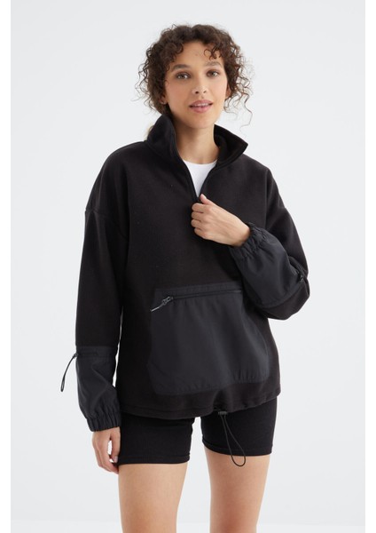Siyah Etek Ucu Büzgülü Yarım Fermuarlı Oversize Kadın Polar Sweatshirt - 97238