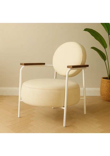 venüs Berjer Modern Tekli Koltuk - Deri Kumaş - Beyaz Metal Iskelet - Krem