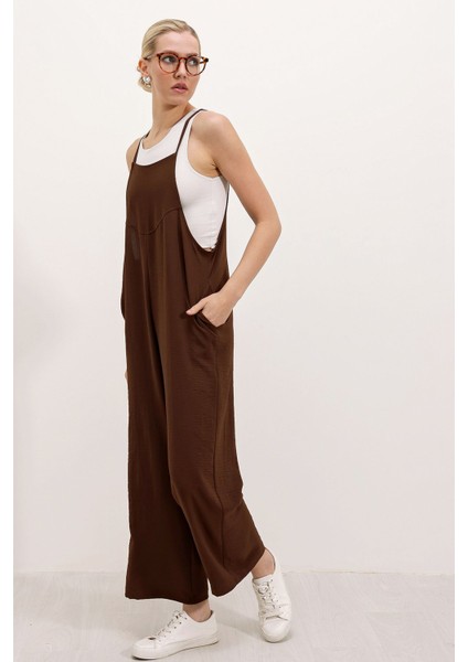 Kadın BDART Rahat Kesim Kare Yaka Geniş Paça Tulum Brown
