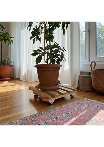 Moxocreative Ahşap Tekerlekli Saksı Altlığı Damacana Tüp Sehpası