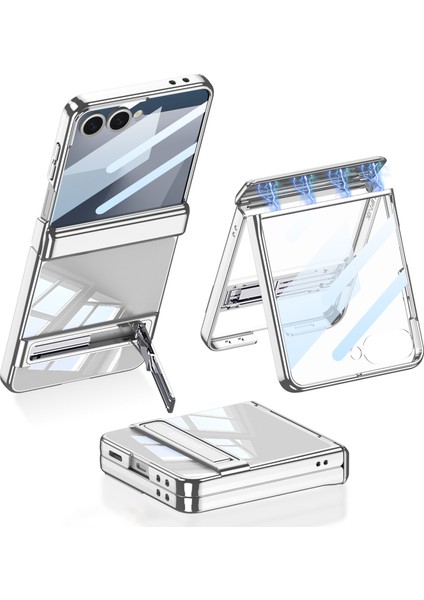 Galaxy Z Flip 7 Kılıf Kamera Korumalı Şeffaf Tasarımlı Zore LEGO Standlı Kapak - Gümüş