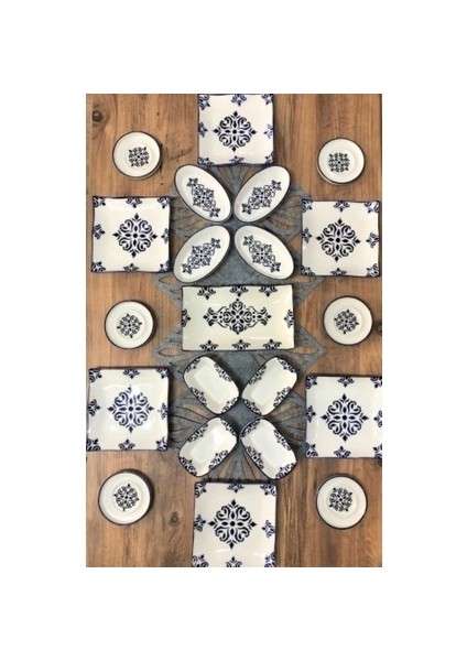 Isırgan 21 Parça Kahvaltı Takımı 6 Kişilik Mavi Seramik Kare Tabaklarla Şık Tasarım