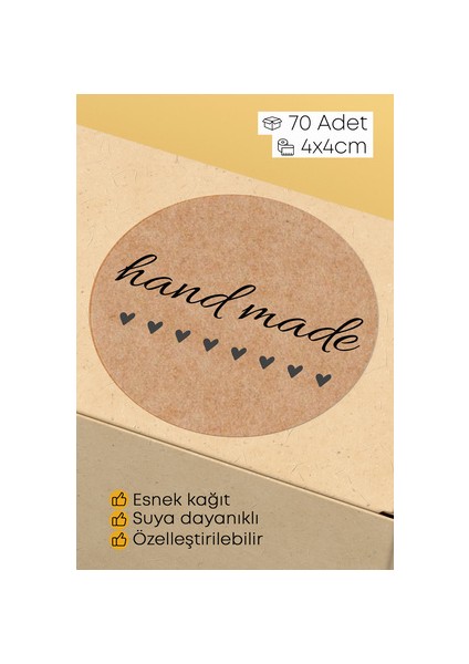 Hand Made - With Love Yazılı Sticker Paketleme Kargo Ambalaj Etiketi - 4X4CM 70 Adet Yuvarlak
