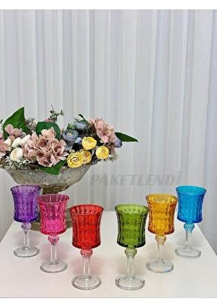El Yapımı Bahamas Kristal Kesme 6 Renkli Ayaklı Kahve Yanı Su Bardağı 140ML (Organik Boyadır.)