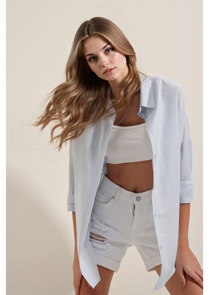 Kadın BDART Büyük Beden Düğmeli Uzun Kol Gömlek Mavi