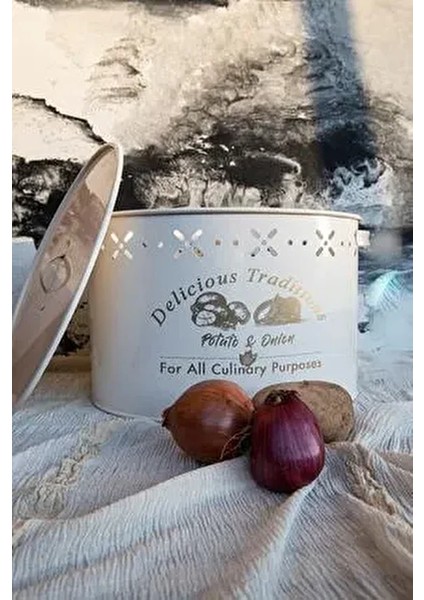 Büyük Boy Bölmeli Lüx Metal Patates Soğan Kovası Krem