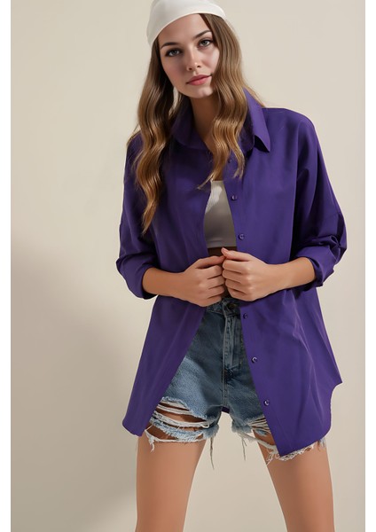 Kadın BDART Büyük Beden Düğmeli Uzun Kol Gömlek Purple