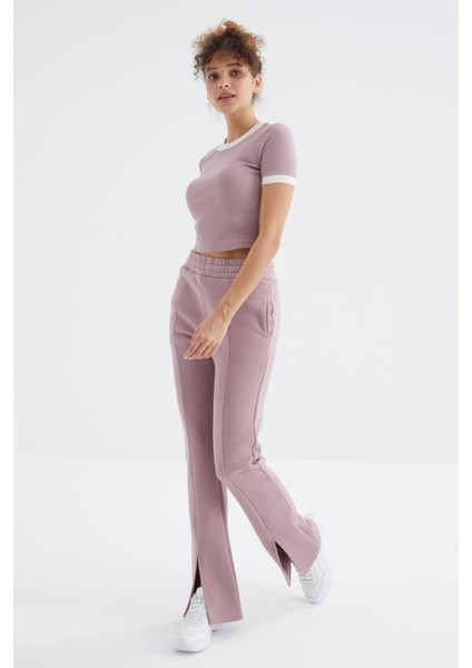 Gül Kurusu Yüksek Bel Ön Yırtmaç Detaylı Yan Cepli Rahat Form Kadın Eşofman Alt - 94625