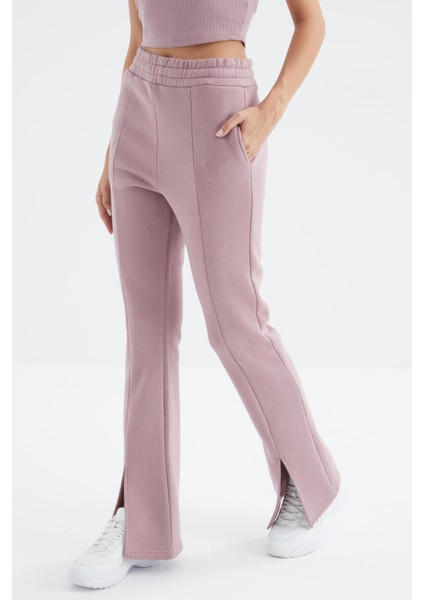 Gül Kurusu Yüksek Bel Ön Yırtmaç Detaylı Yan Cepli Rahat Form Kadın Eşofman Alt - 94625