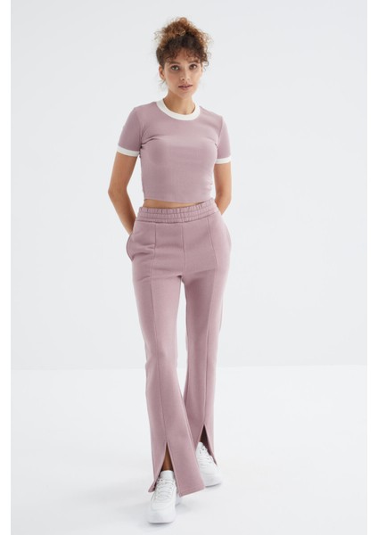 Gül Kurusu Yüksek Bel Ön Yırtmaç Detaylı Yan Cepli Rahat Form Kadın Eşofman Alt - 94625