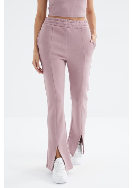 Gül Kurusu Yüksek Bel Ön Yırtmaç Detaylı Yan Cepli Rahat Form Kadın Eşofman Alt - 94625