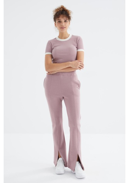 Gül Kurusu Yüksek Bel Ön Yırtmaç Detaylı Yan Cepli Rahat Form Kadın Eşofman Alt - 94625