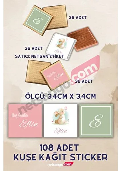 Özel Isimli Kare 108 Adet Çikolata Etiketi Yapışkanlı 3,4x3,4cm Kuşe Sticker Tavşan Desen