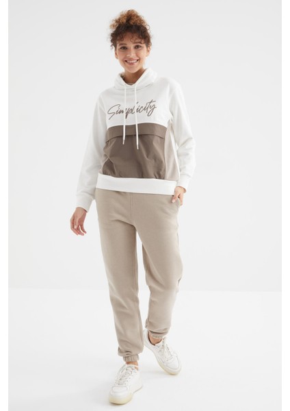 Koyu Bej Yüksek Bel Şardonlu 3 İplik Pamuklu Basic Kadın Eşofman Alt - 94624