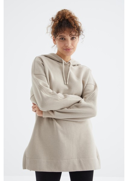 Koyu Bej Reglan Kol Basic Kapüşonlu Oversize Tunik - 97242