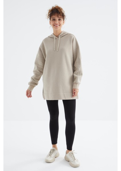 Koyu Bej Reglan Kol Basic Kapüşonlu Oversize Tunik - 97242