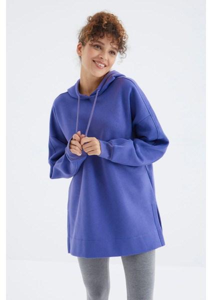 Eflatun Reglan Kol Basic Kapüşonlu Oversize Tunik - 97242