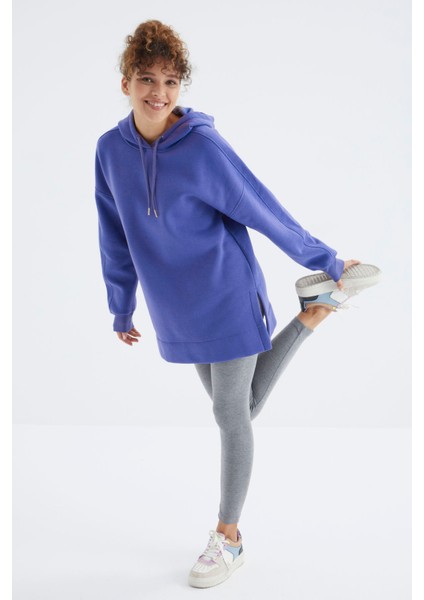 Eflatun Reglan Kol Basic Kapüşonlu Oversize Tunik - 97242