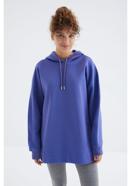 Eflatun Reglan Kol Basic Kapüşonlu Oversize Tunik - 97242