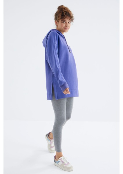 Eflatun Reglan Kol Basic Kapüşonlu Oversize Tunik - 97242