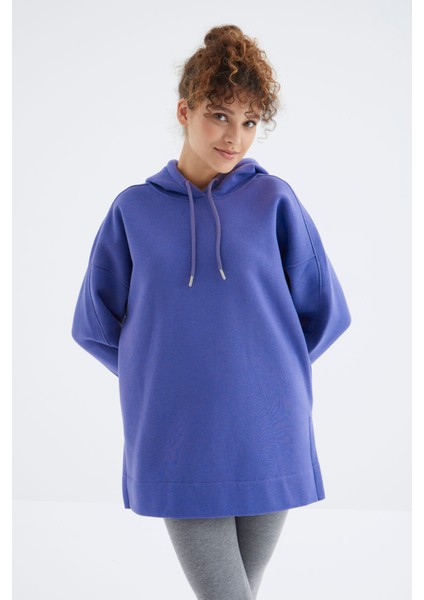 Eflatun Reglan Kol Basic Kapüşonlu Oversize Tunik - 97242