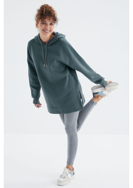 Orman Yeşili Reglan Kol Basic Kapüşonlu Oversize Tunik - 97242